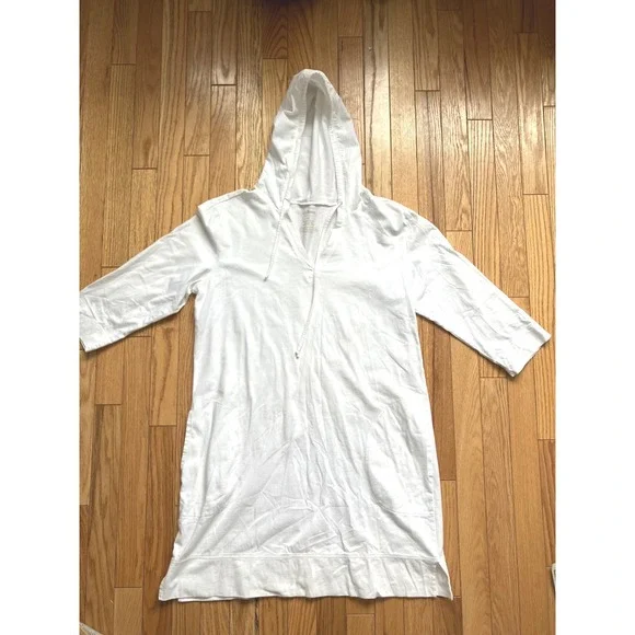 LL Bean Womens White 100% Cotton Hooded Tunic Swim Cover Up 3/4 Sleeve Size M - Picture 2 of 7